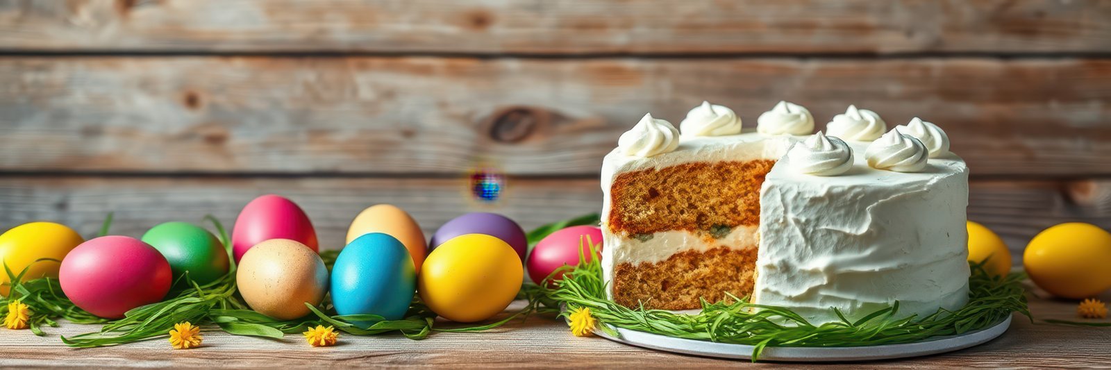 Festive spring celebration featuring a carrot cake and colorful Easter eggs on a wooden background